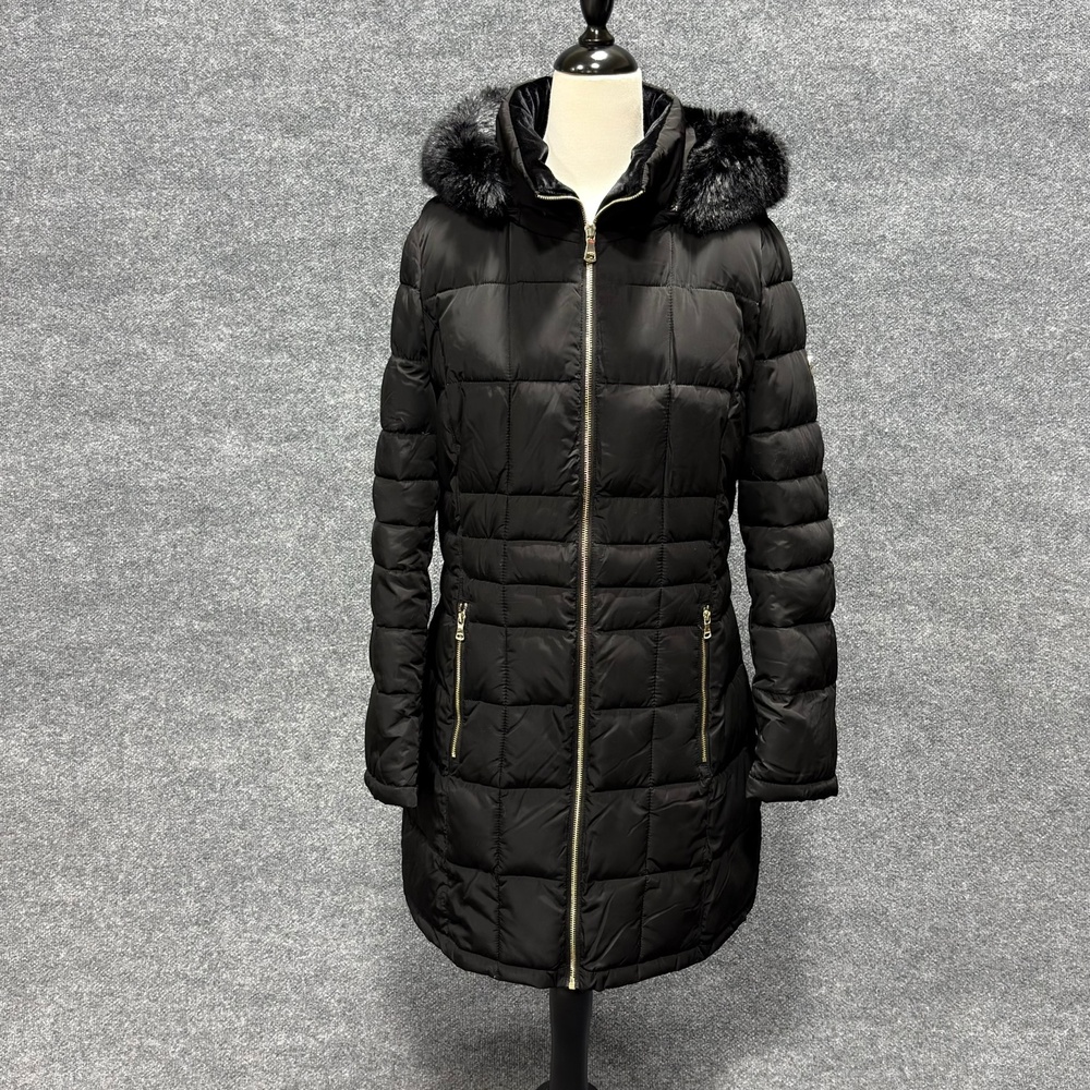 Calvin Klein Coat Womens M Black Puffer Hooded Faux Fur Trim Zip Mid Length